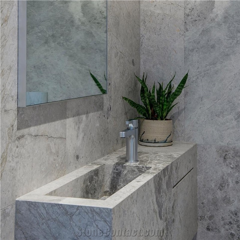 Tundra Grey Marble Honed Tile Bathroom Design