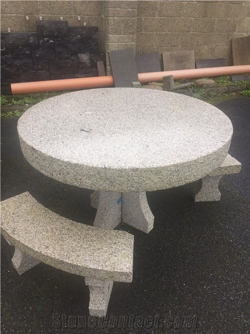 120 Diam. Grey Granite Table with Two Granite Seat