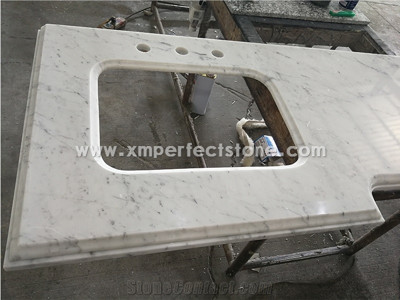 Ogee Edge Carrara White Marble Double Sink Bathroom Tops