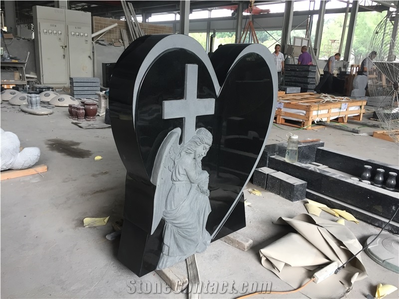 Black Heart Monument with Angel and Cross Carved