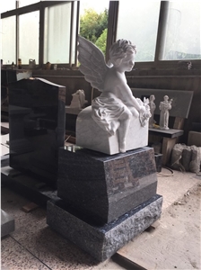 Carrara Marble Angel Carved Blue Peal Monument