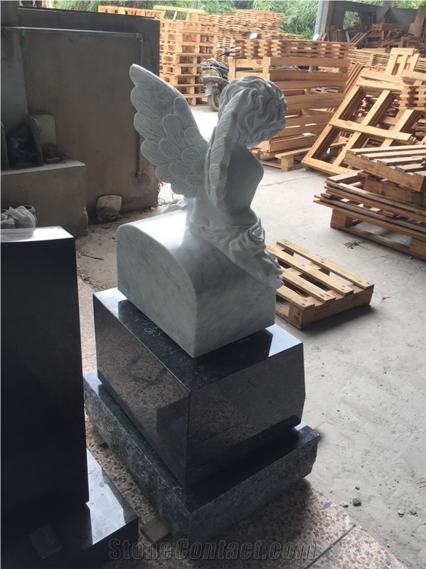 Carrara Marble Angel Carved Blue Peal Monument