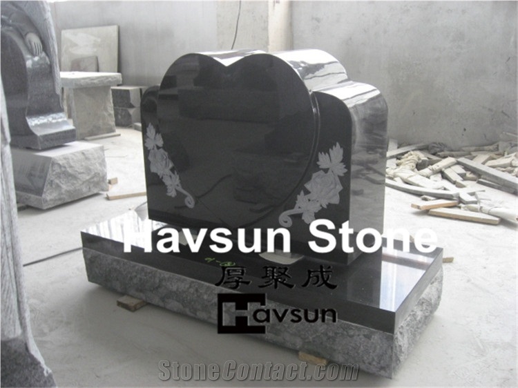 Black Single Heart Tombstones with Flower Carving