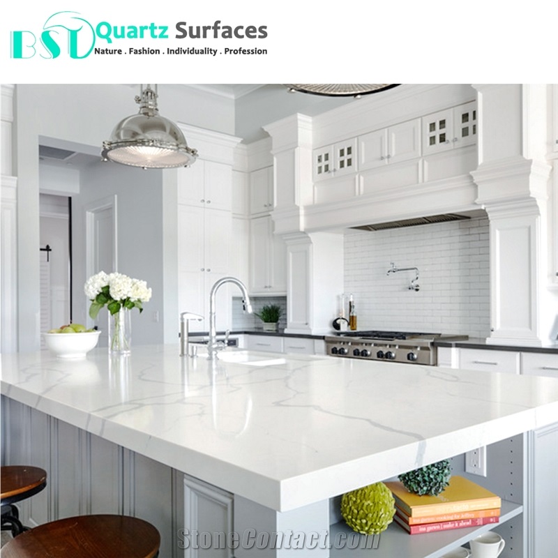 Prefab White Quartz Kitchen Countertops with Veins