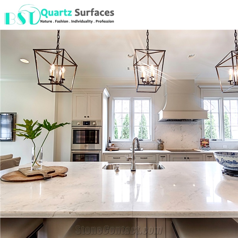 White Misty Carrera Restaurant Quartz Table Top from China