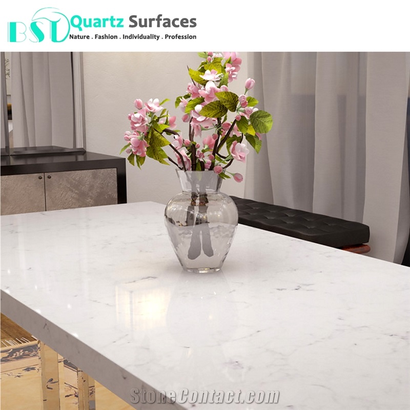 White Misty Carrera Restaurant Quartz Table Top from China