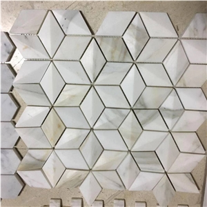 White Carrara Marble Wall Mosaic Rhombus 3d Shape