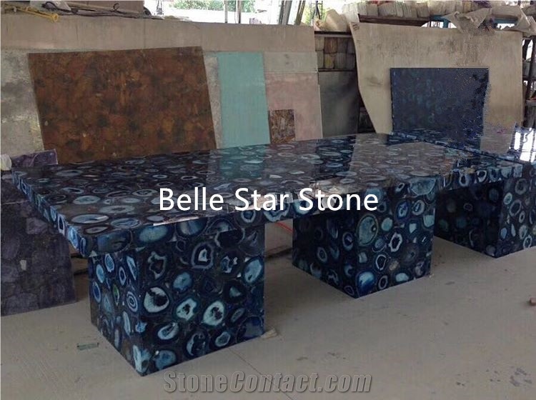 Blue Agate Backlit Semi Precious Stone Work Tables