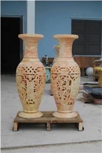 Beige Marble Flower Pots Stone Vases Hand Carved
