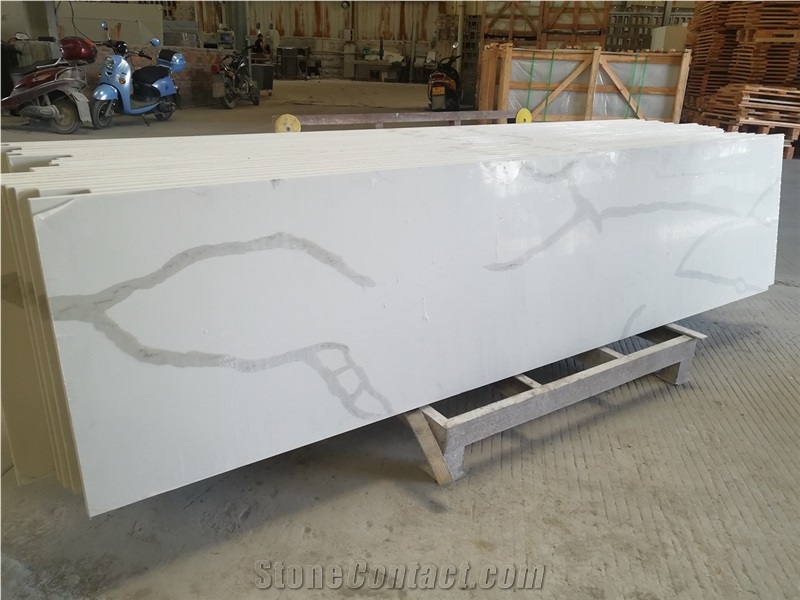 Calacatta White Quartz Prefab Square Bevel Table Tops