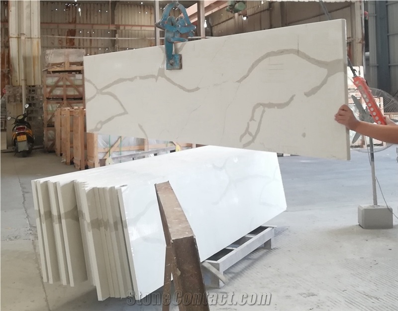 Calacatta White Quartz Prefab Square Bevel Table Tops