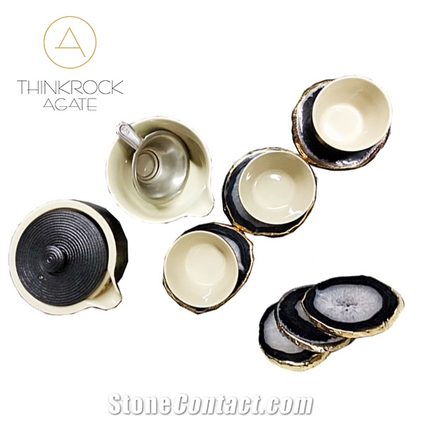 Black Agate Coaster, Cup Tray with Golden Surround