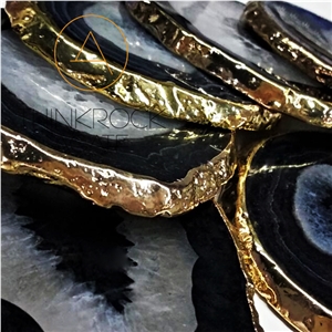 Black Agate Coaster, Cup Tray with Golden Surround