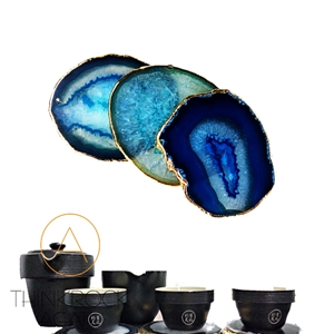 Blue Agate Coaster, Cup Tray with Golden Surround