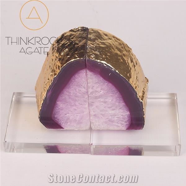 Brown Edge Pink Center White Agate Geode Bookend