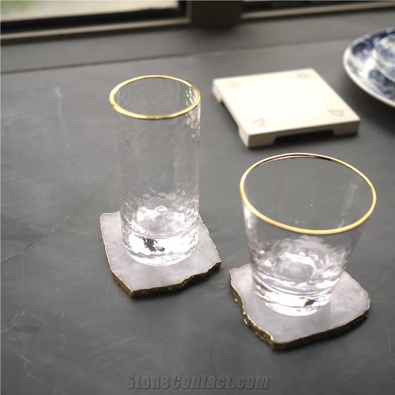Crystal Agate Coaster Cup Mats with Gold Edge