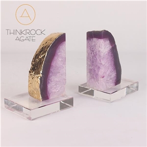 Front Face Center Pink White Agate Geode Bookends