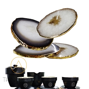 Gold Surround White & Grey Agate Coaster, Cup Tray