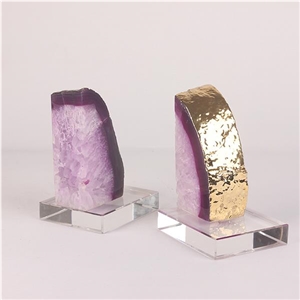 Natrual Round White Pure Pink Agate Geode Bookends