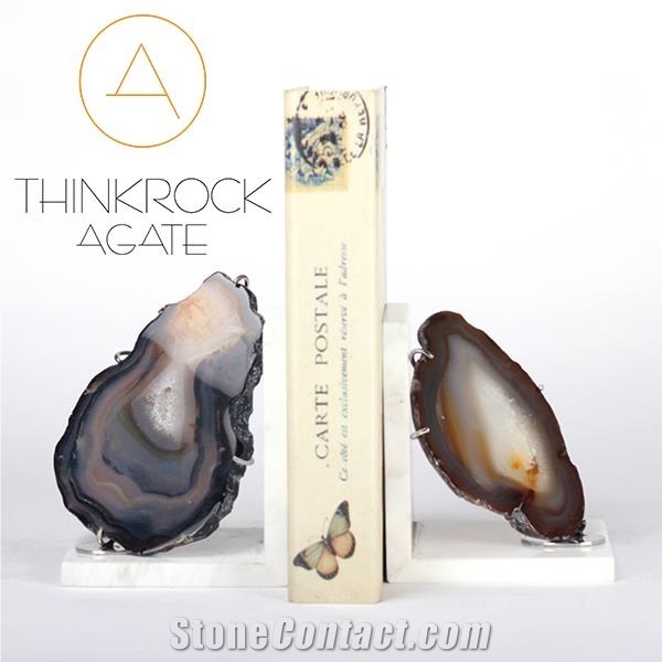 Natural Cool Grey White Agate Decorative Bookends