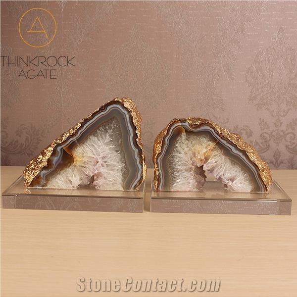 Polished Gemstone, Agate Bookends with Gold Edge