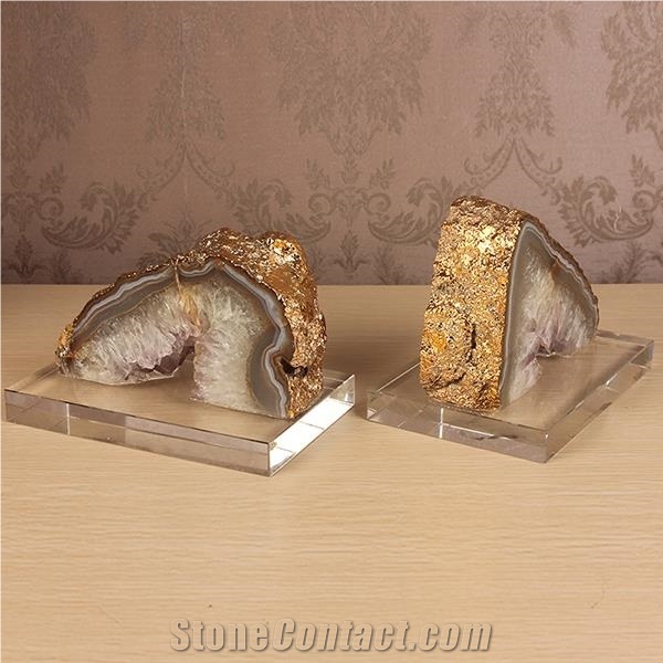 Polished Gemstone, Agate Bookends with Gold Edge