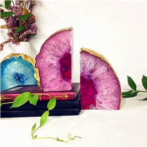 Versatile Pink Enhanced White Agate Geode Bookends