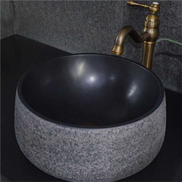 Indoor Polished Black Stone Round Bathroom Sink