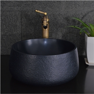 Indoor Polished Black Stone Round Bathroom Sink