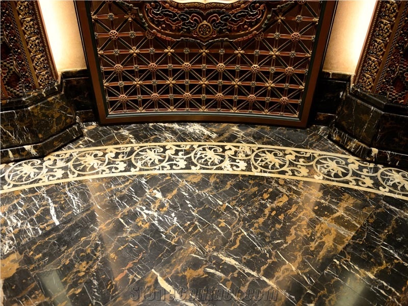 Polished Pakistan Black Gold Marble Flooring Tiles