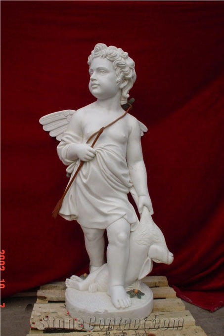 Hunting Little Angel Statue White Marble Sichuan