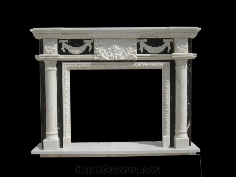 White Black Marble Pillar Fireplace Mantels Indoor