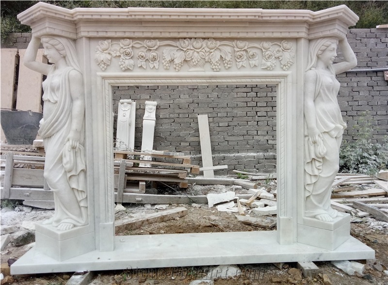 White Marble Handcarved Sculptured Fireplace