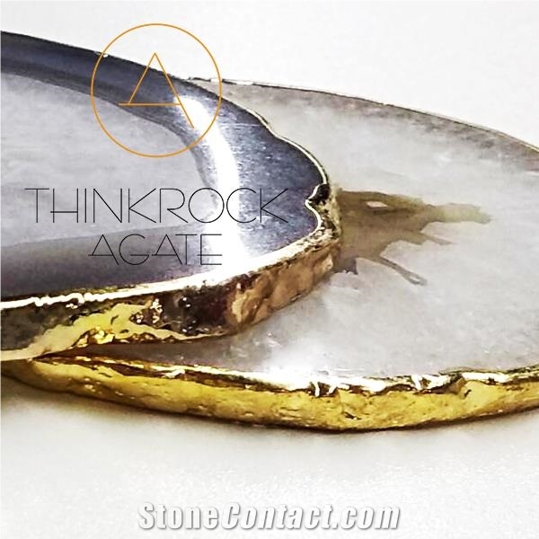 Gold Edge Grey Agate Coasters,Gemstone Cup Mat