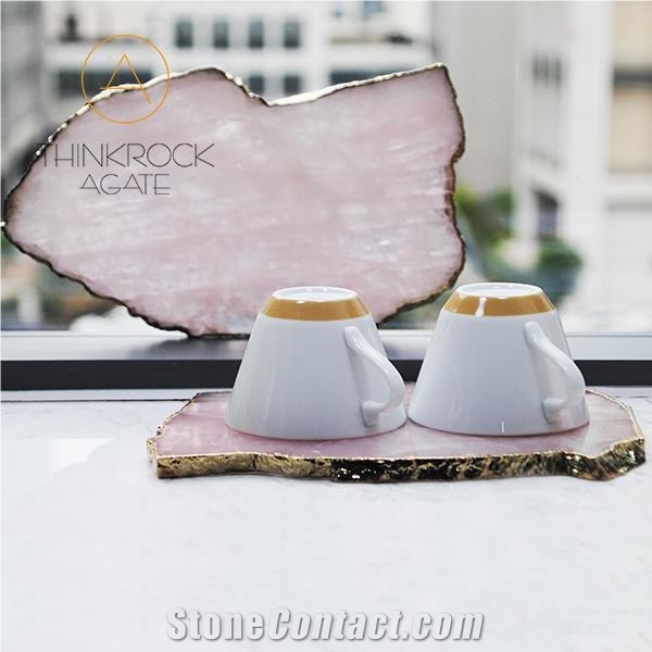 Semiprecious Stone Tile Pink Crystal Trays for Cup