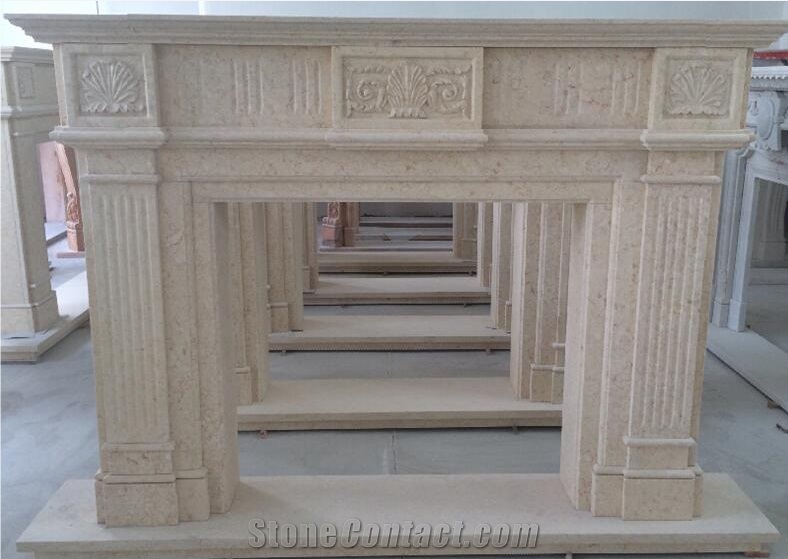 Sunny Light Beige Marble Home Sculptured Fireplace