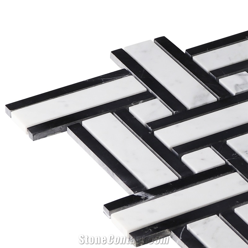 White and Black Color Mixed Strip Marble Mosaic