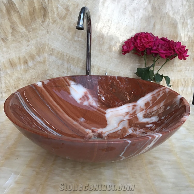 Red Onyx Round Bathroom Stone Wash Basins Bowls