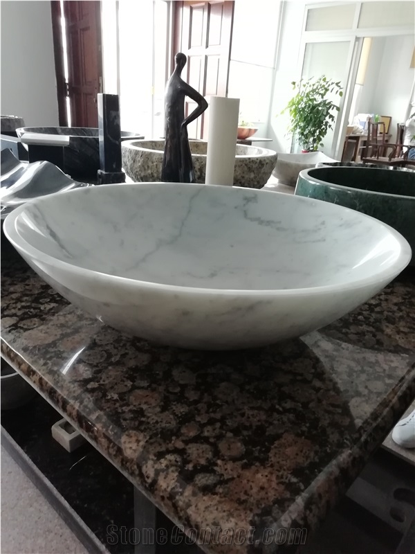 Round Pure White Marble Bathroom Vessel Wash Sinks