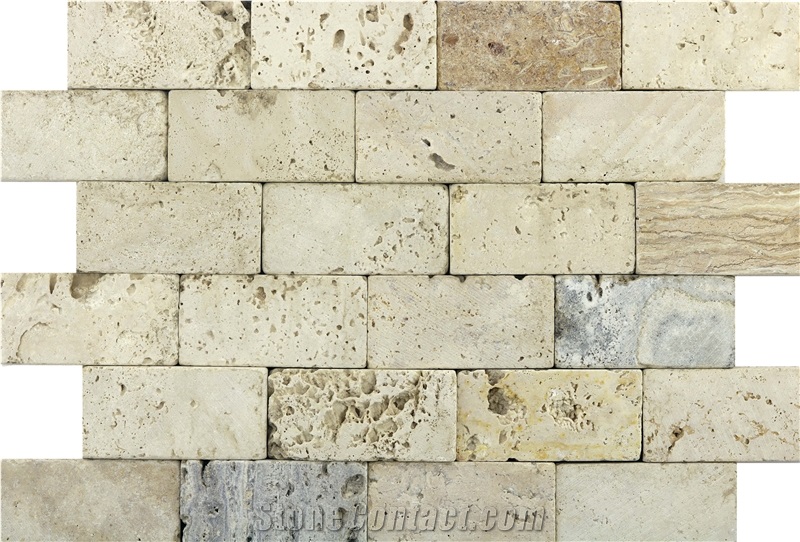 Dt 15 Usak Decorative Tumbled Natural Ivory Travertine Brick Mosaic Wall Cladding