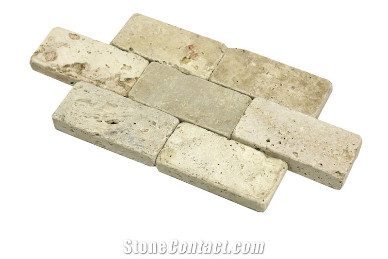 Dt 15 Usak Decorative Tumbled Natural Ivory Travertine Brick Mosaic Wall Cladding