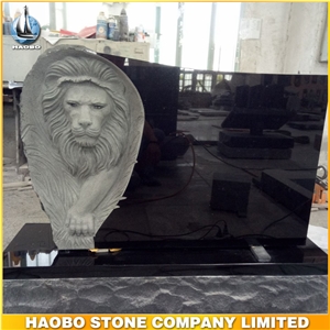 Black Granite Monument with Lion Carved Headstone