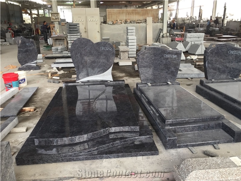 Blue Granite Heart Headstone Tombstone with Kerbs