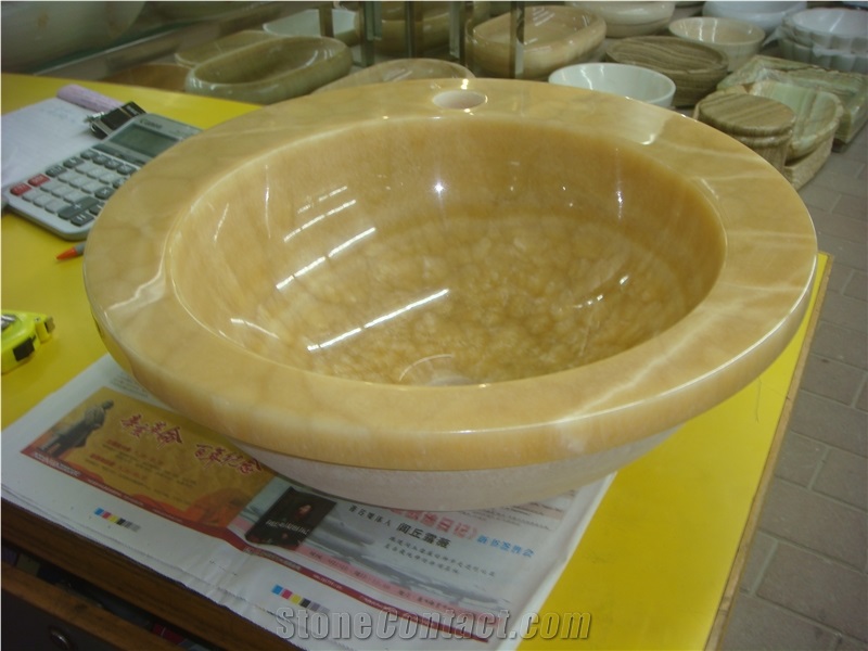 Honey Onyx Round Washing Basin, Onyx Vessel Sinks