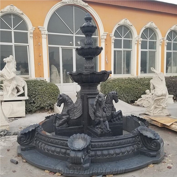 3 Tier Black Marble Water Fountain With Pegasus Horse From China Stonecontact Com - Pure Garden Lion Head Fountain