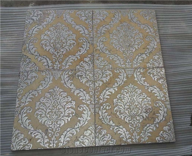 Etched & Painted Gold Silver Beige Marble Wall Slabs & Tiles
