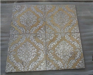 Etched & Painted Gold Silver Beige Marble Wall Slabs & Tiles