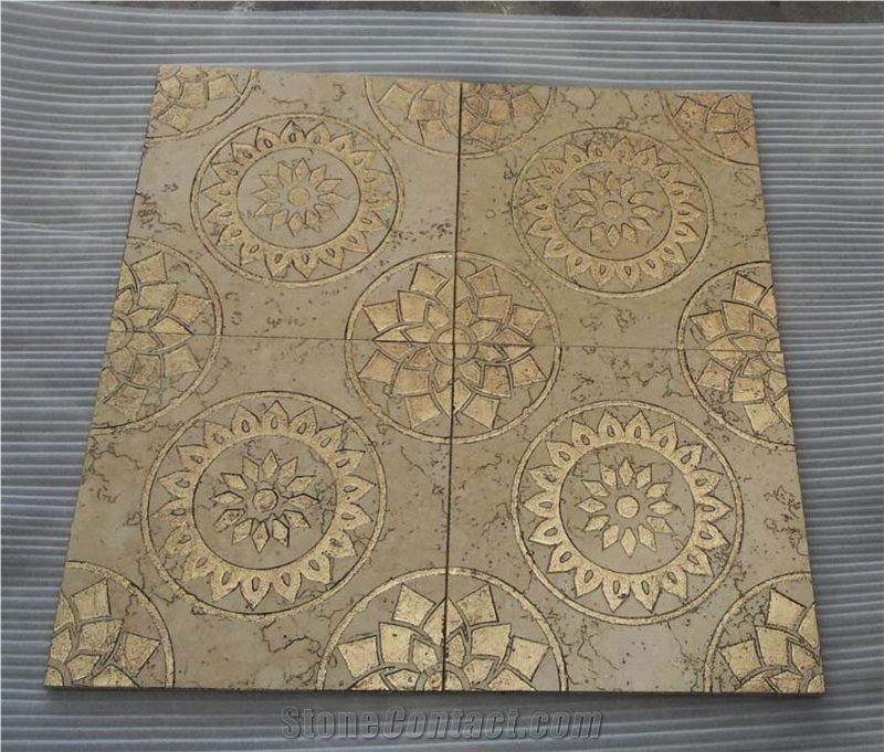 Etched & Painted Golden Marble Wall Slabs & Tiles - Golden Beige