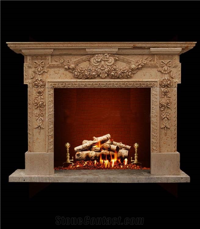 Yellow Brown Marble Fireplace Mantel Surround for Interior