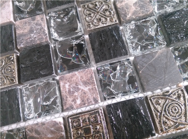 Bda Series Crackle Glass Mix Marble and Resin Mosaic Tile